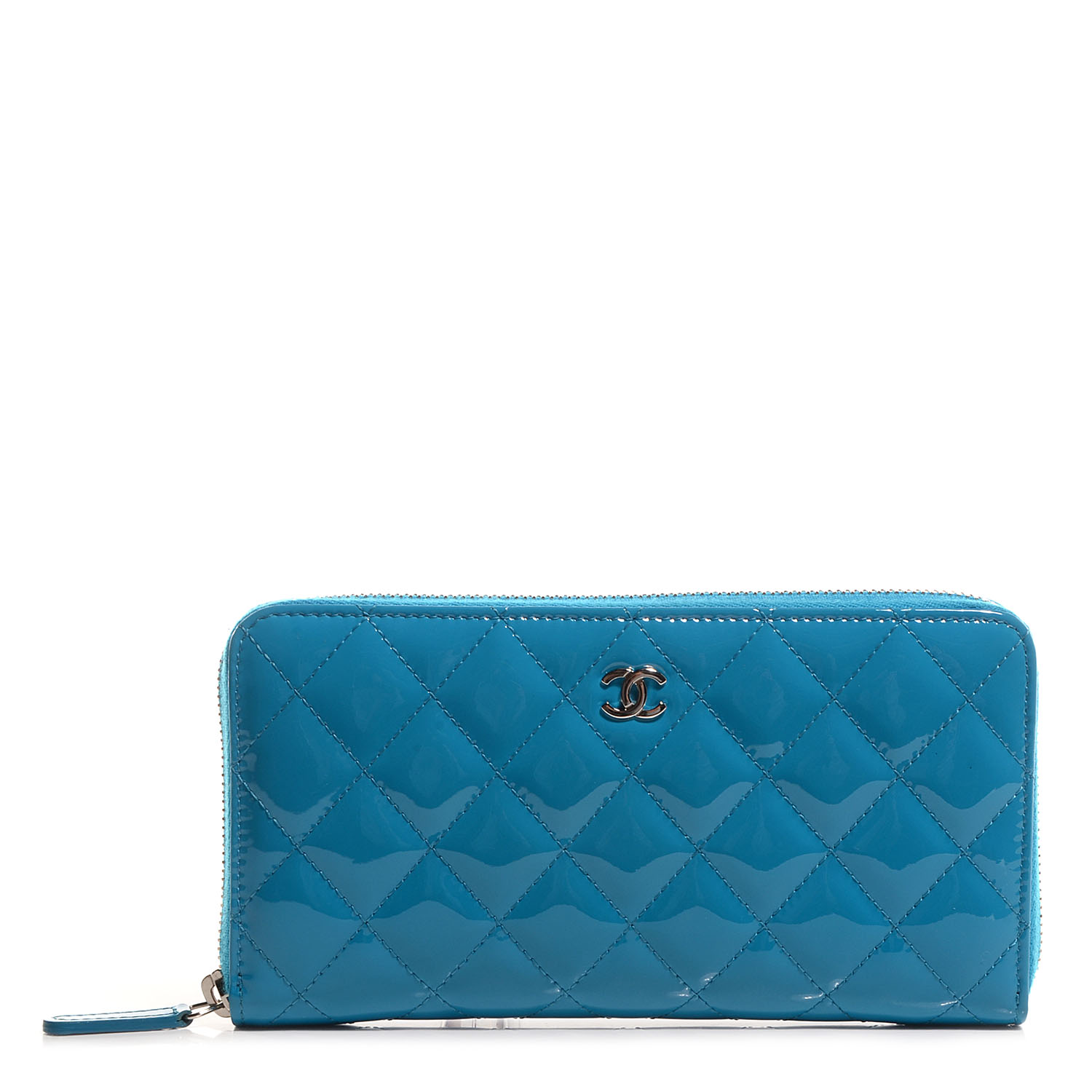 CHANEL Patent Quilted Large Gusset Zip Around Wallet Blue 76011