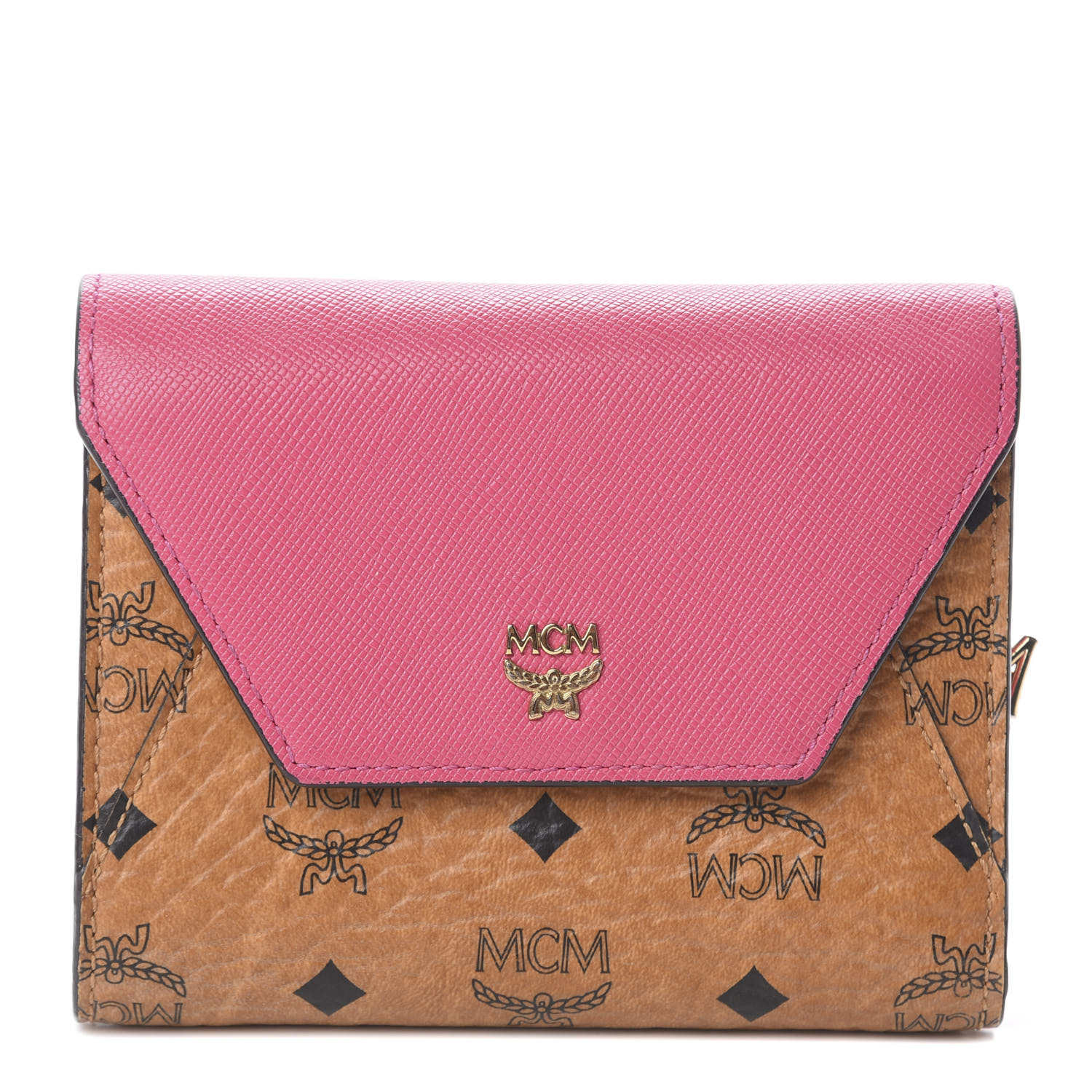 MCM Visetos Tri-Fold Love Letter Flap Wallet Cognac Pink 583409