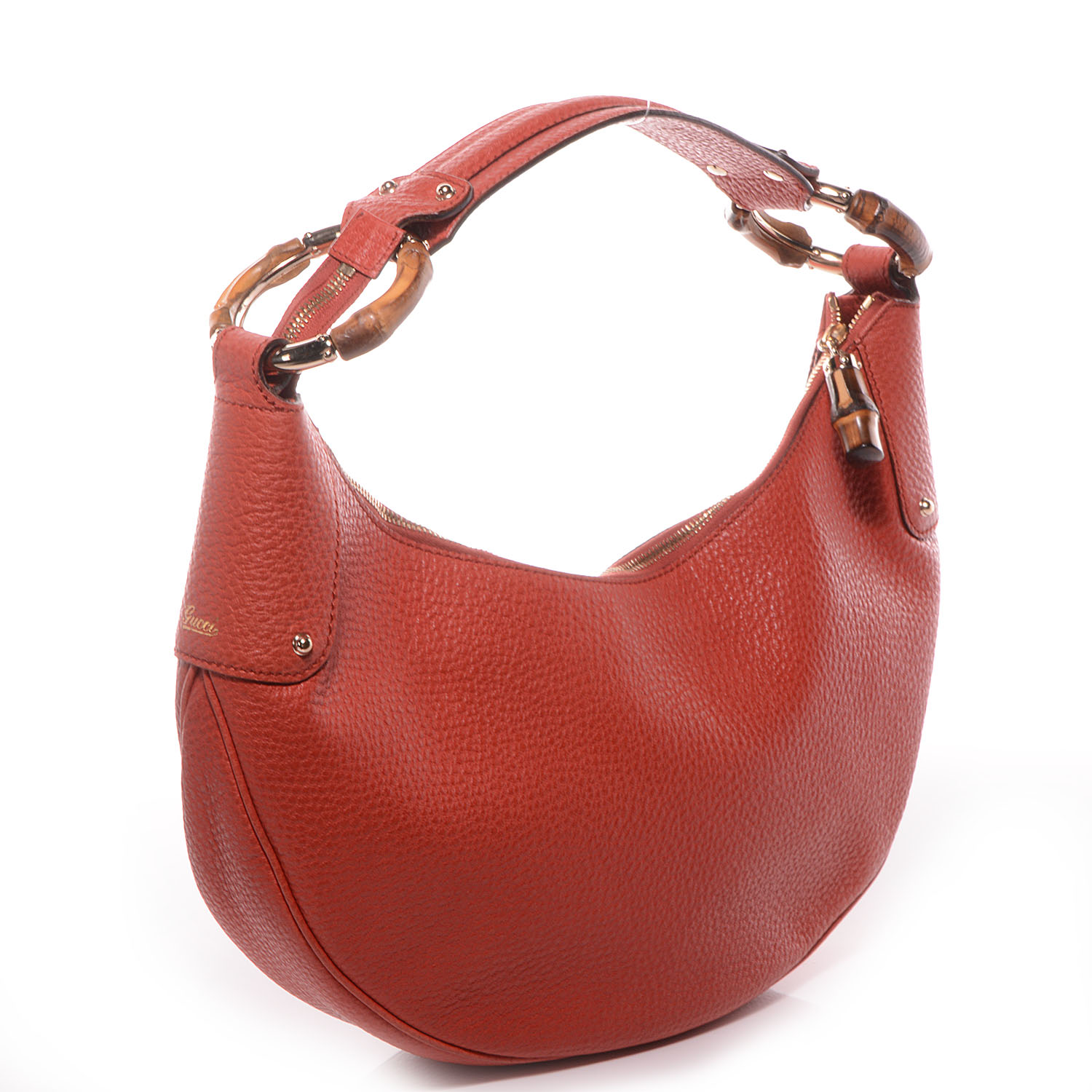GUCCI Pebbled Leather Bamboo Ring Hobo Red 69654