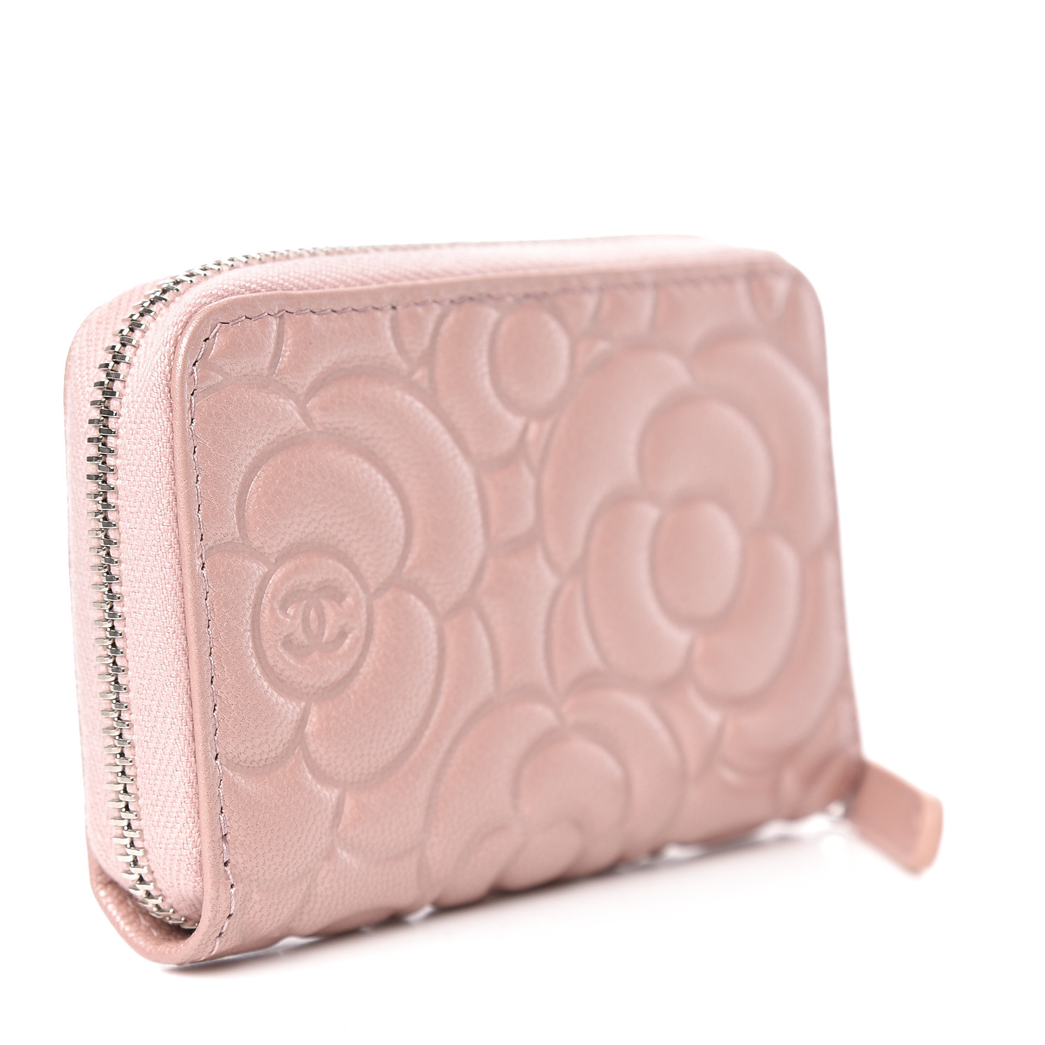 CHANEL Goatskin Camellia Embossed Zip Coin Purse Light Pink 464096