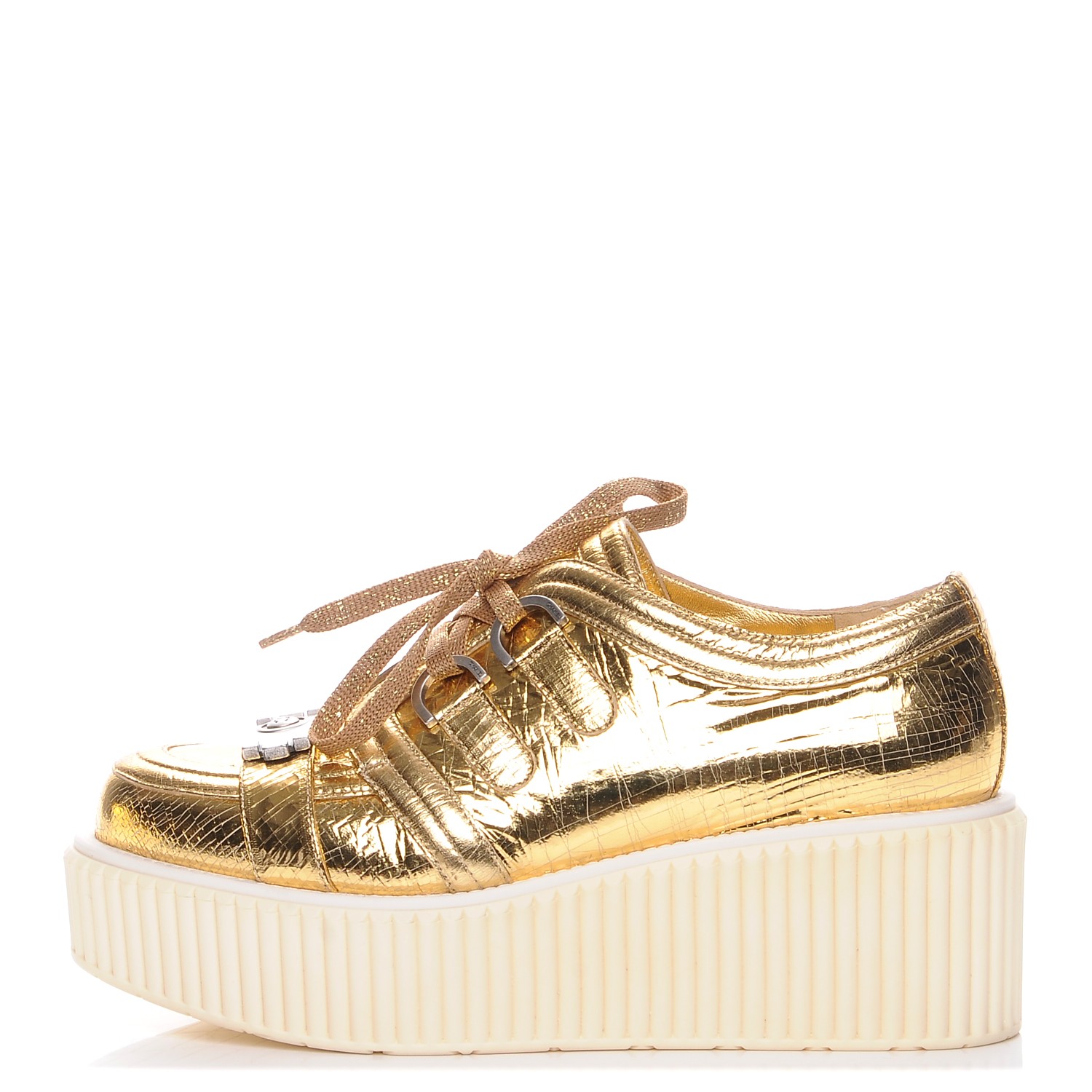 CHANEL Lame Creeper Sneakers 38 Gold 212927