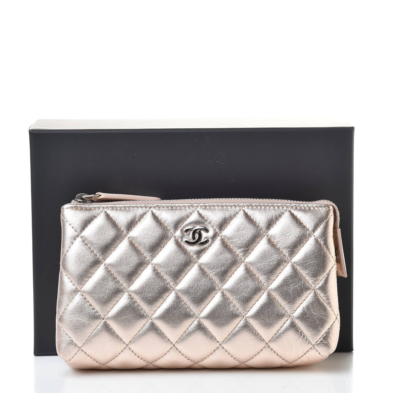 CHANEL Metallic Lambskin Quilted Small Cosmetic Pouch Light Pink 519790