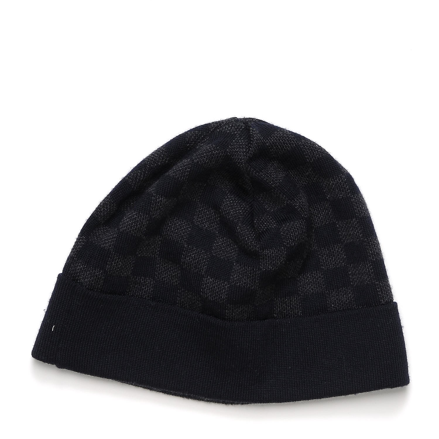 LOUIS VUITTON Wool Petit Damier Beanie Hat Navy 236446