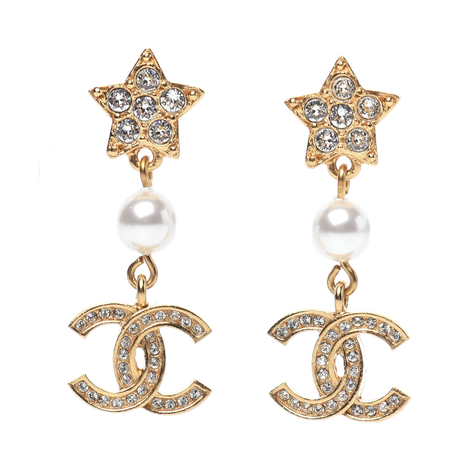 Chanel Crystal Pearl Cc Star Drop Earrings Gold Fashionphile