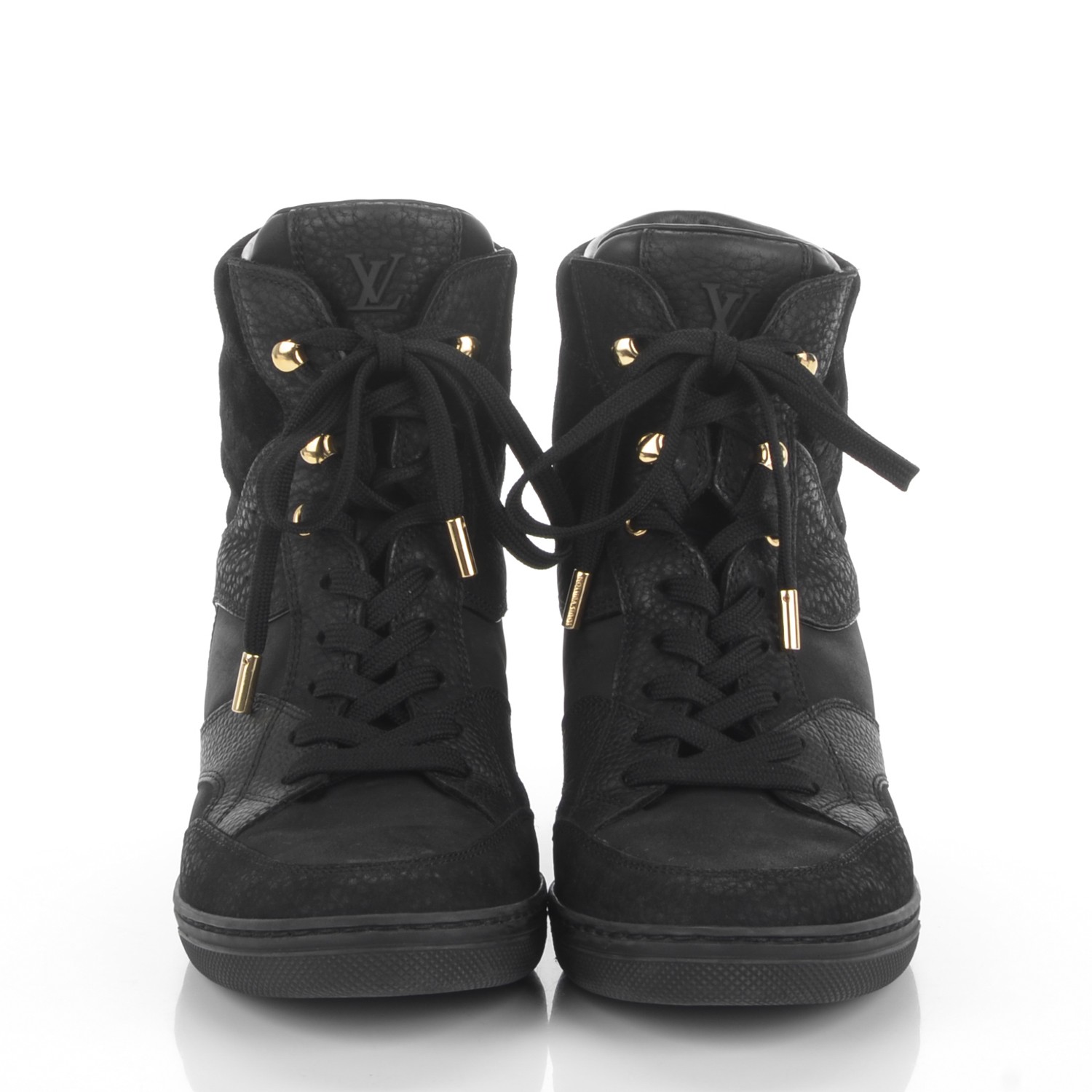 LOUIS VUITTON Monogram Suede Calfskin Cliff Top Wedge Sneakers 38.5 Black 171219