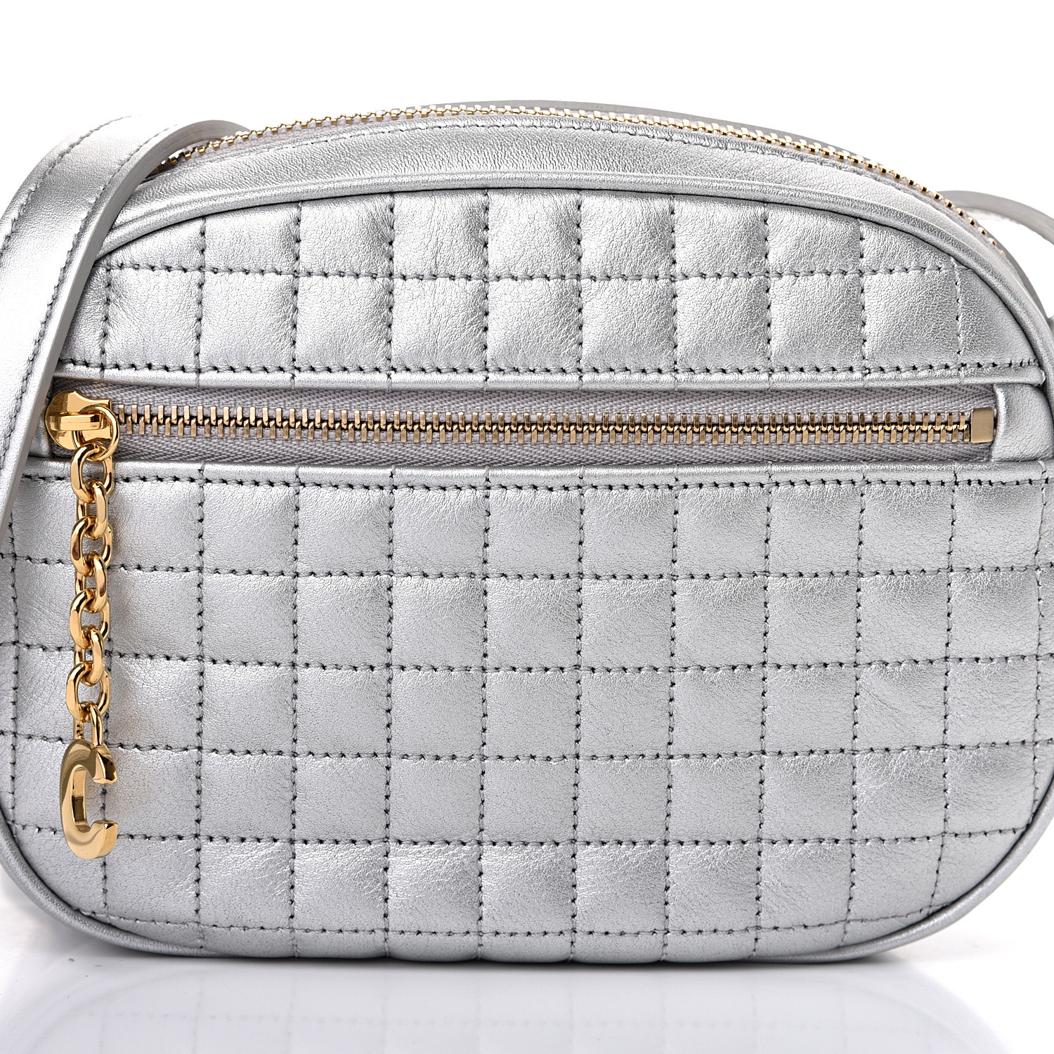 CELINE Laminated Calfskin Quilted Small C Charm Camera Bag Silver 547211