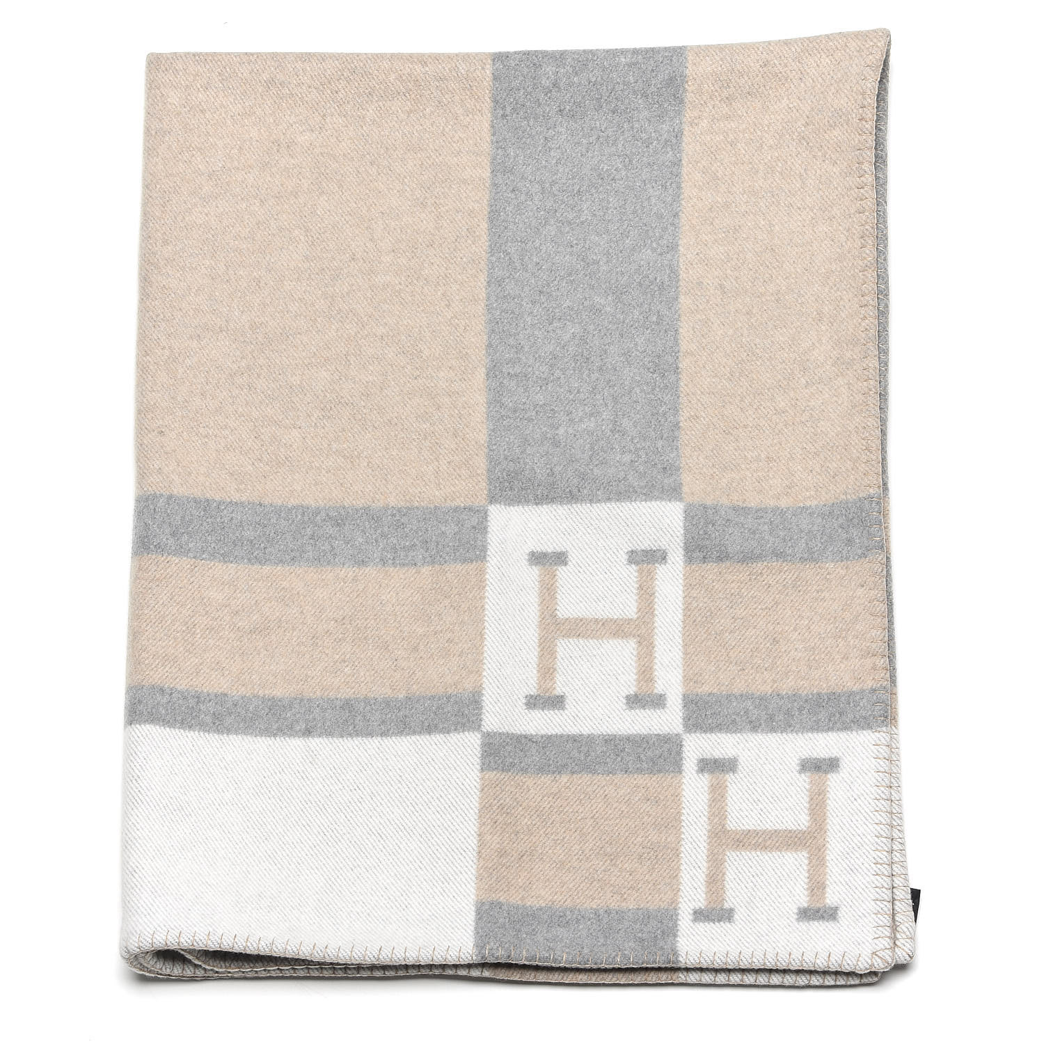 HERMES Wool Cashmere Avalon Bayadere Throw Blanket Natural 389269