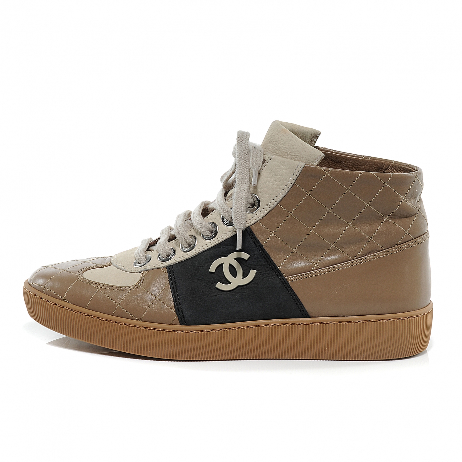 CHANEL Leather Quilted Hightop Tennis Shoes 6 Beige 52194