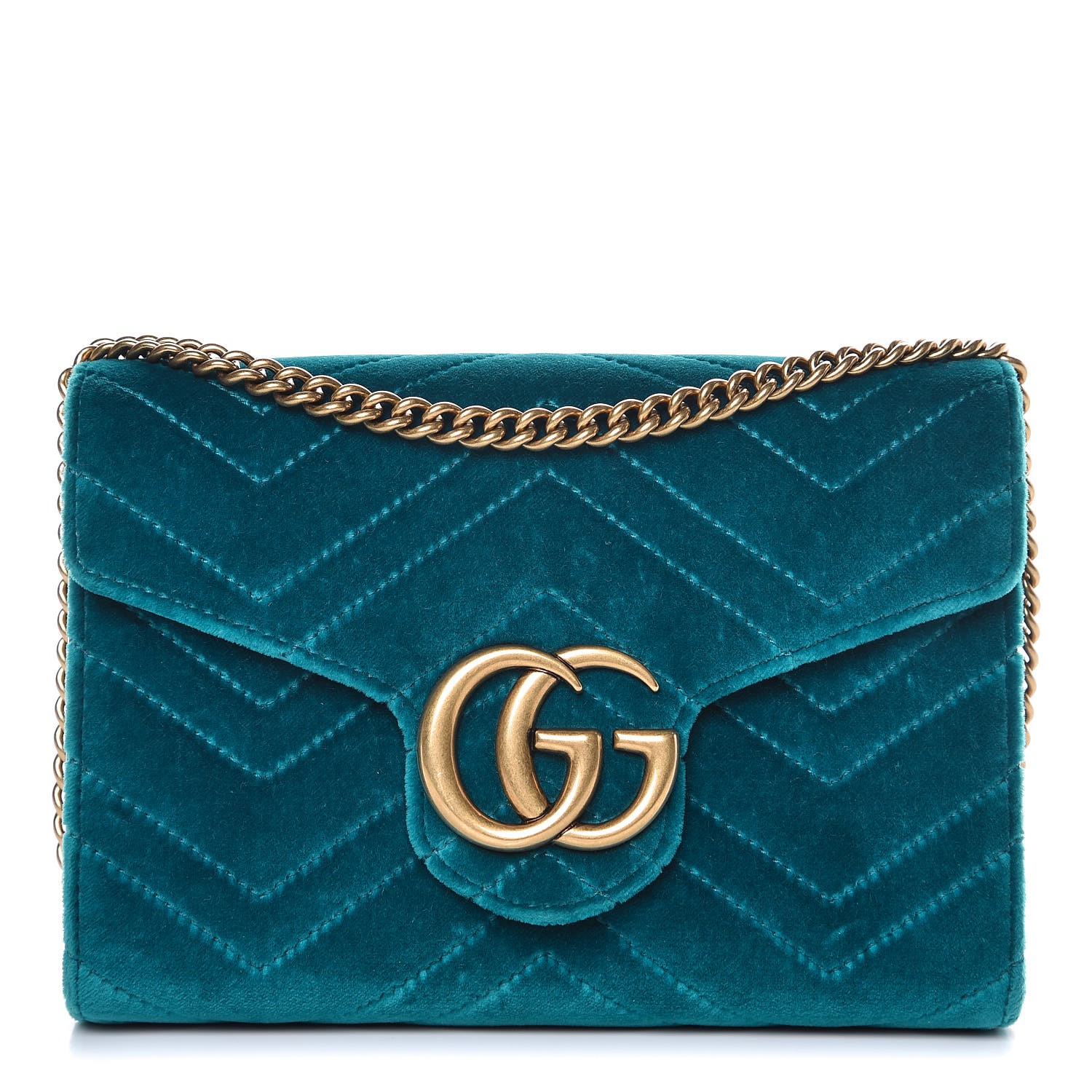 GUCCI Velvet Matelasse GG Marmont Chain Wallet Petrol Blue 331882