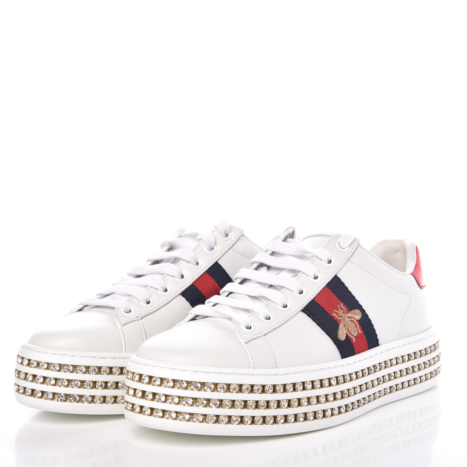 GUCCI Calfskin Crystal Web Bee Embroidered Womens Ace Platform Sneakers ...