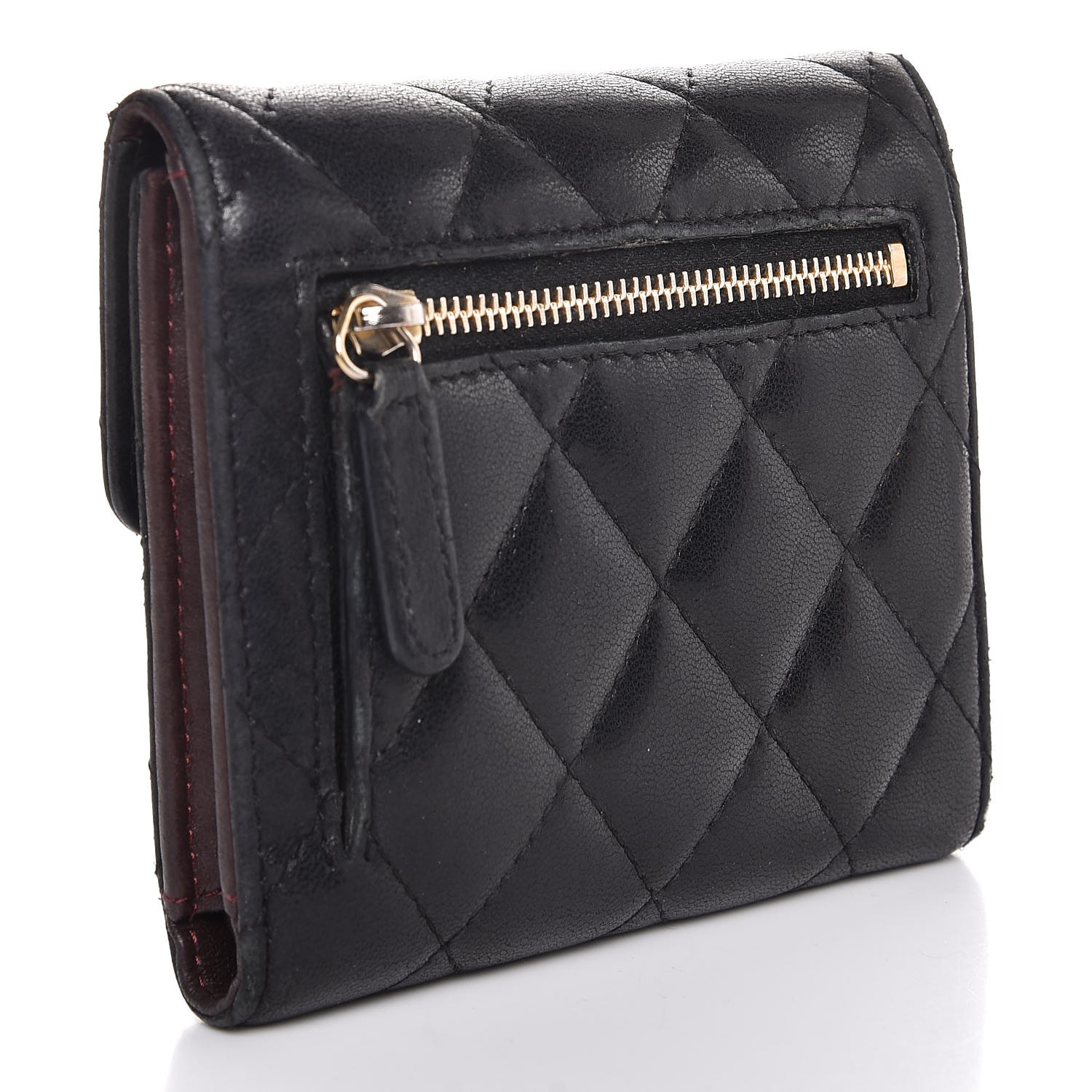 CHANEL Lambskin Quilted Small Compact Wallet Black 301556