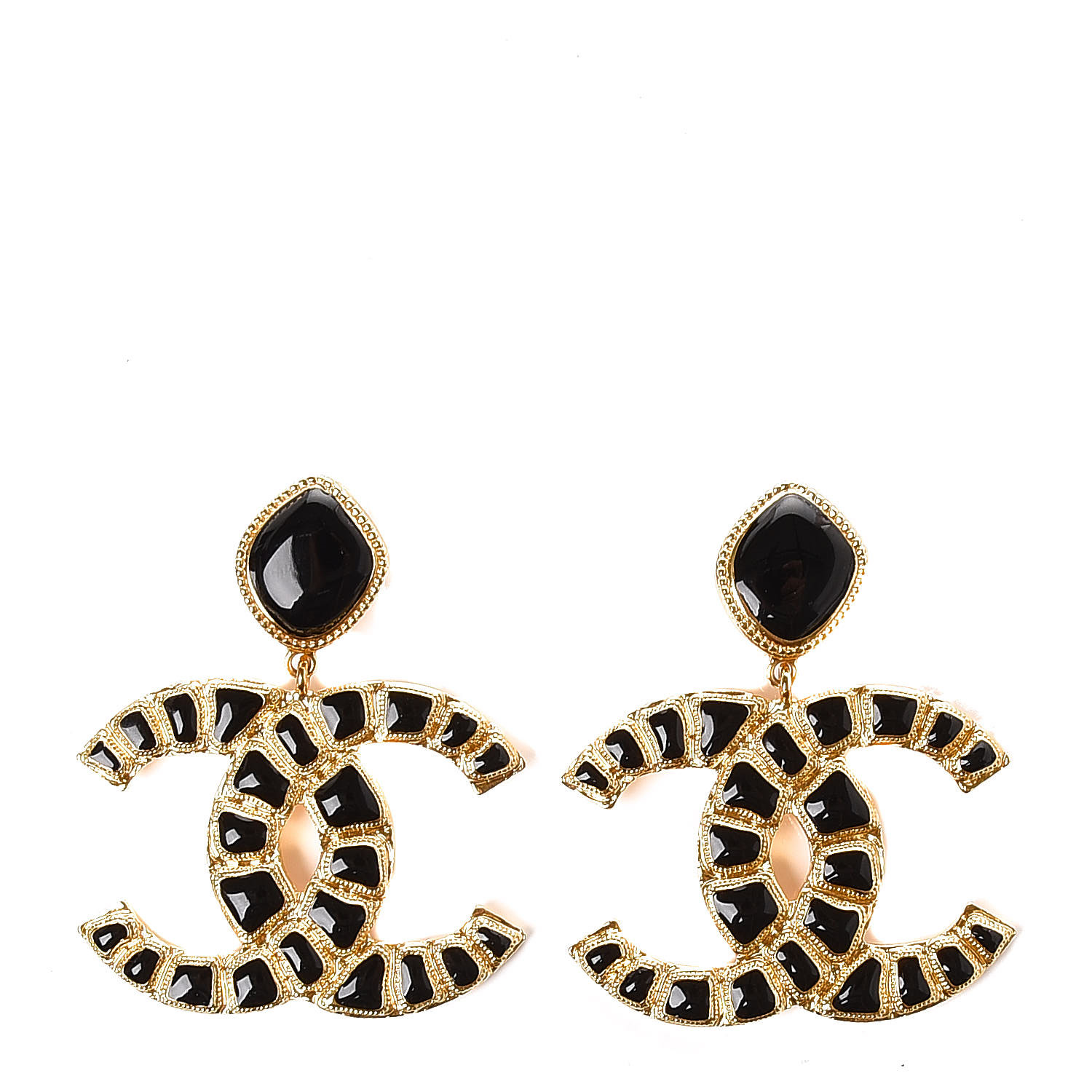 CHANEL Resin Along The Nile CC Clip On Earrings Gold Black 424193