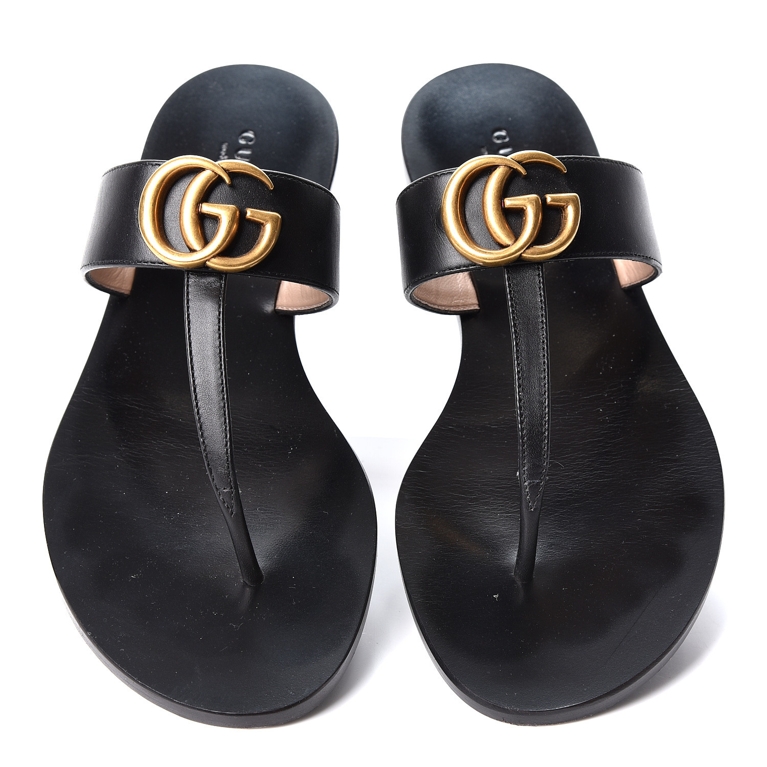 GUCCI Calfskin Double G Thong Sandals 36 Black 563705