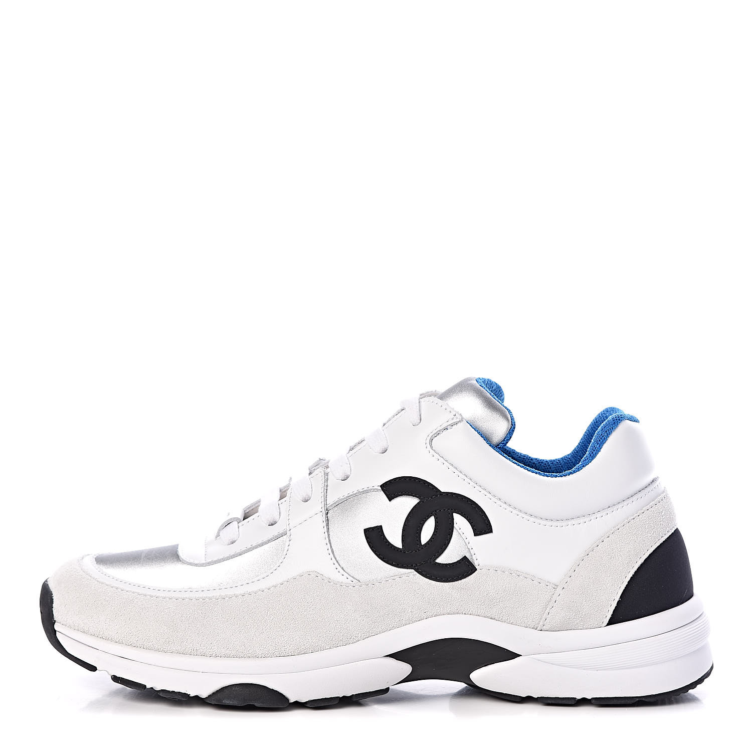 CHANEL Suede Calfskin Womens CC Sneakers 39.5 White Silver Blue 425617