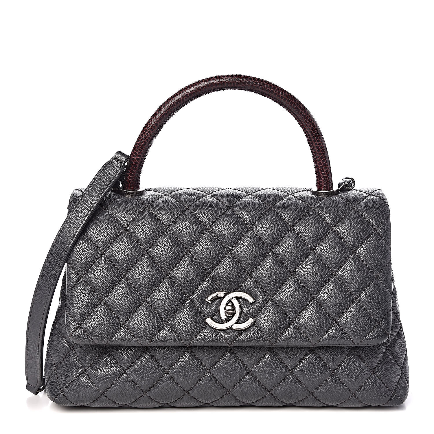 CHANEL Caviar Lizard Quilted Small Coco Handle Flap Dark Grey 424722
