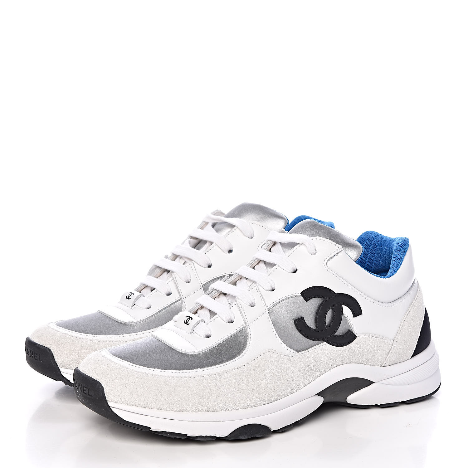 CHANEL Suede Calfskin Womens CC Sneakers 39.5 White Silver Blue 425617