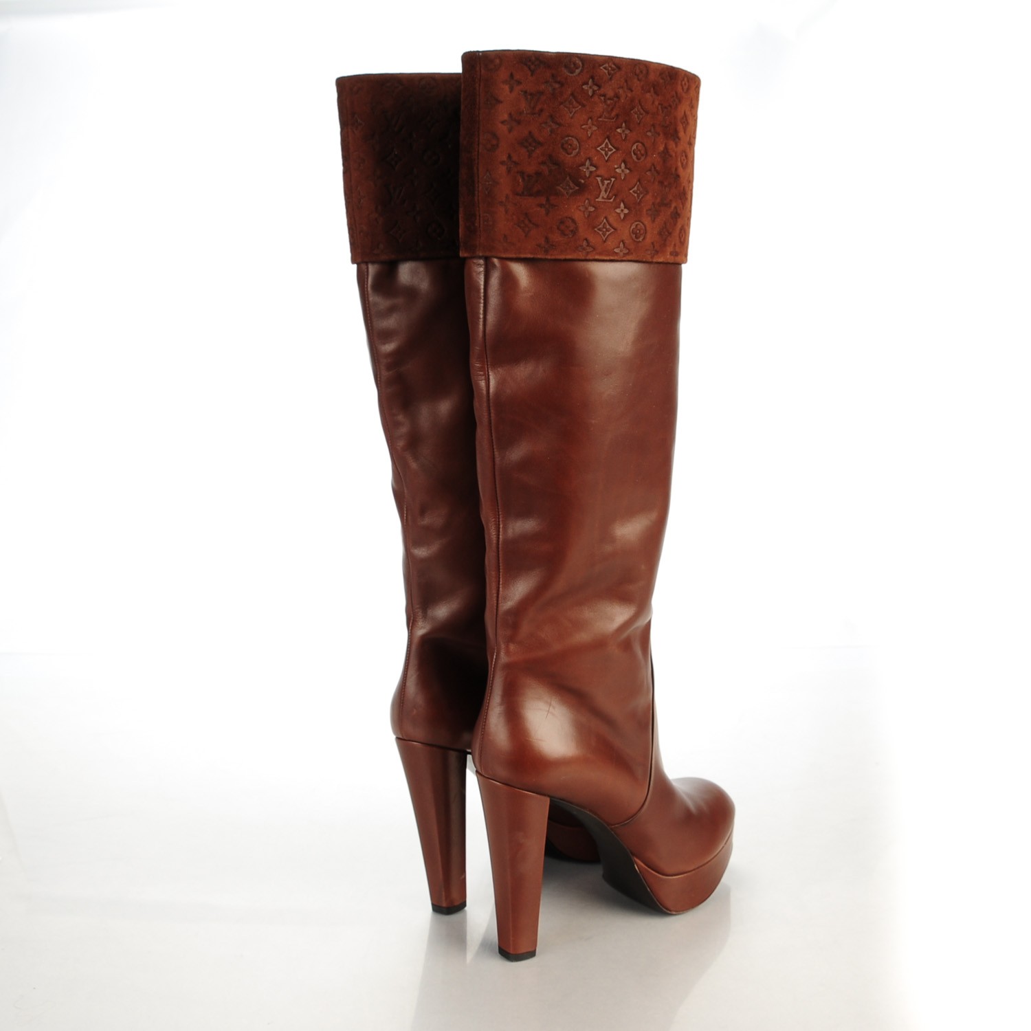 LOUIS VUITTON Calfskin Suede Monogram Over The Knee Heeled Boots 39 Brown 138694