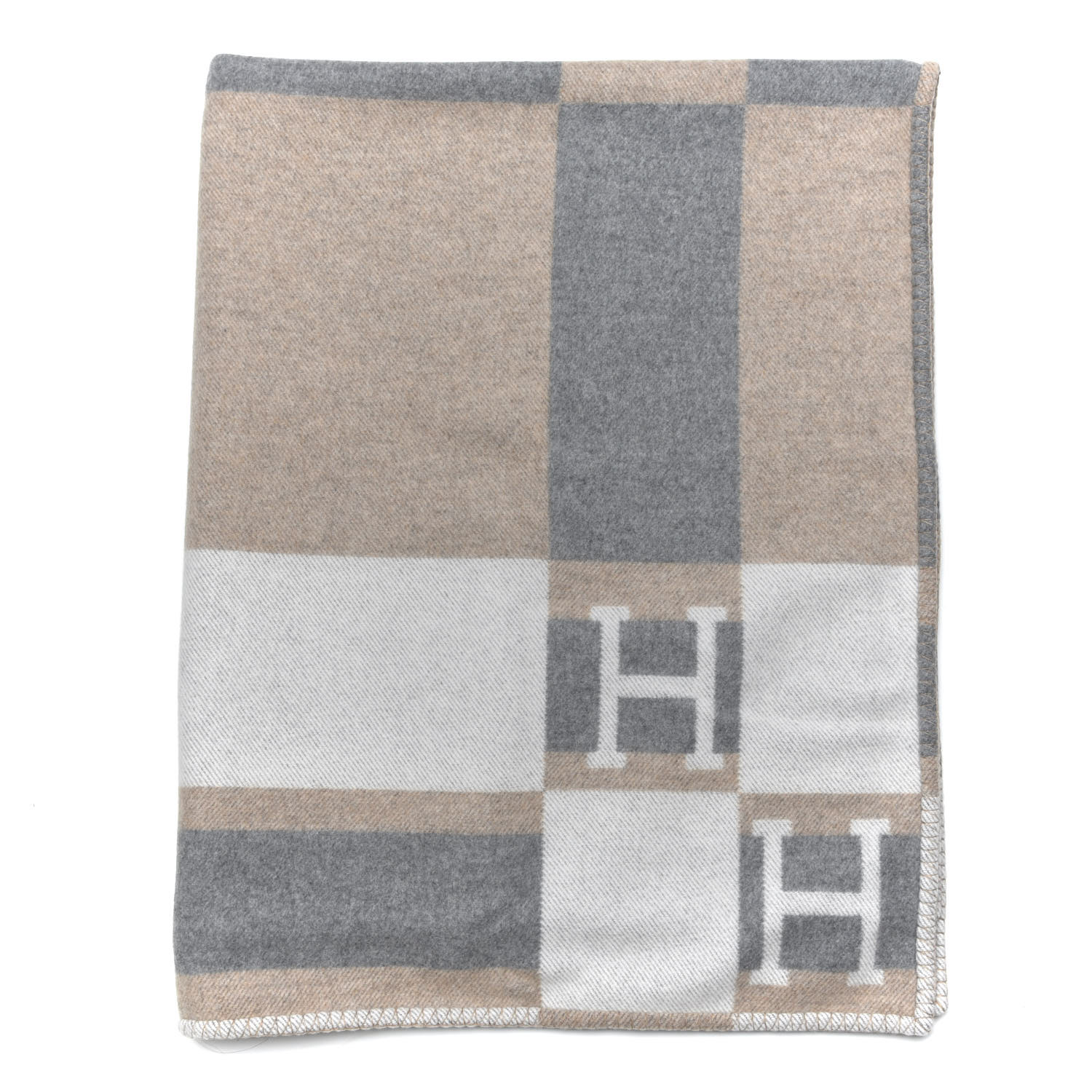 HERMES Wool Cashmere Avalon Bayadere Throw Blanket Natural 369490