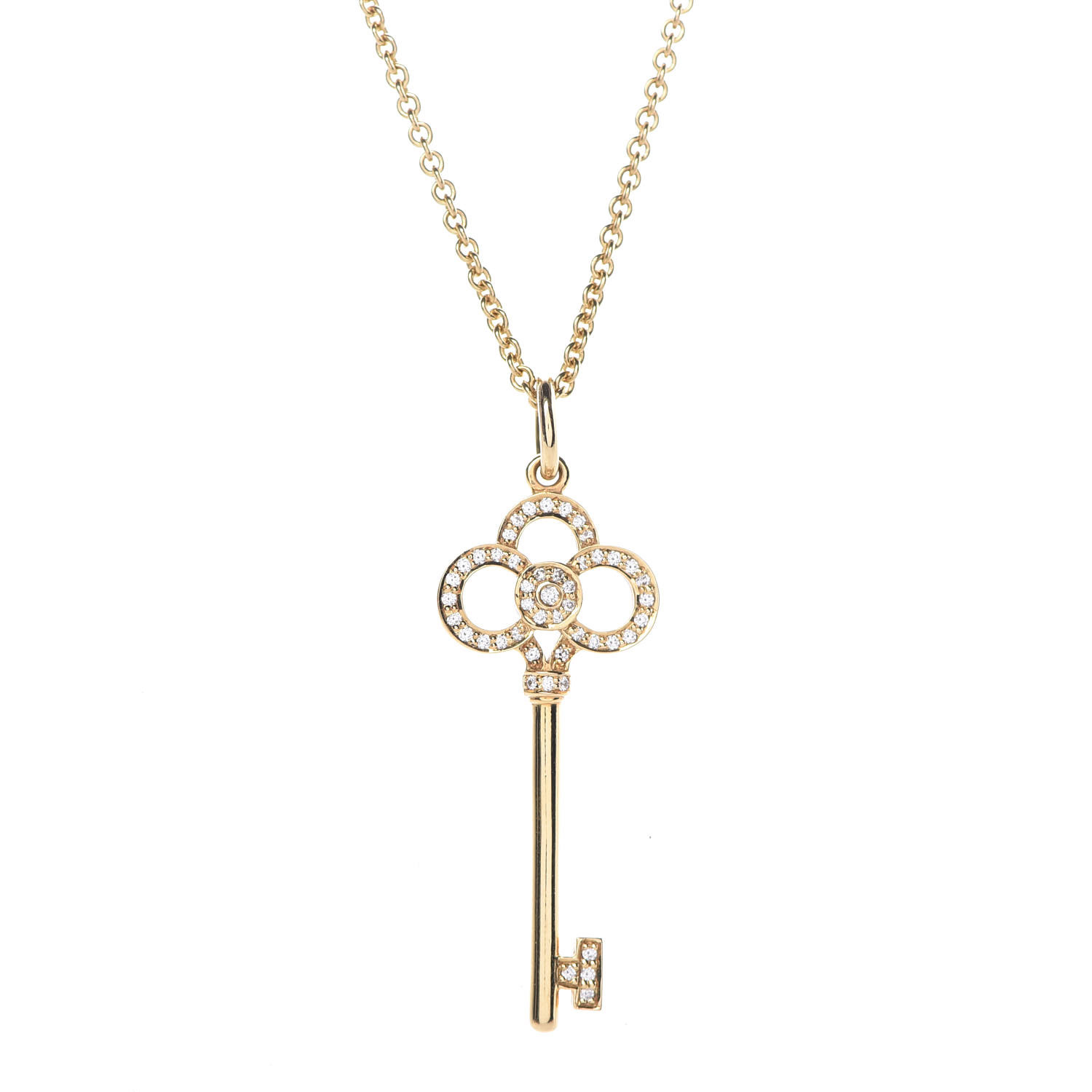 TIFFANY 18K Yellow Gold Diamond Crown Key Pendant Necklace 374403