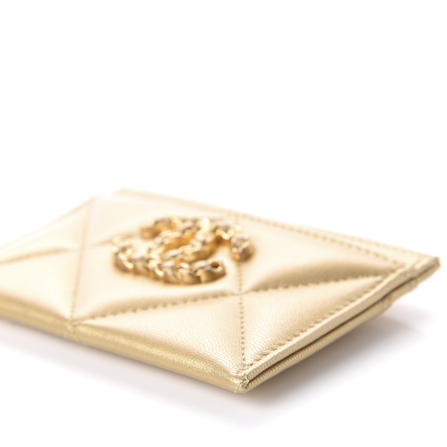 CHANEL Metallic Goatskin Quilted Chanel 19 Card Holder Gold 618014 