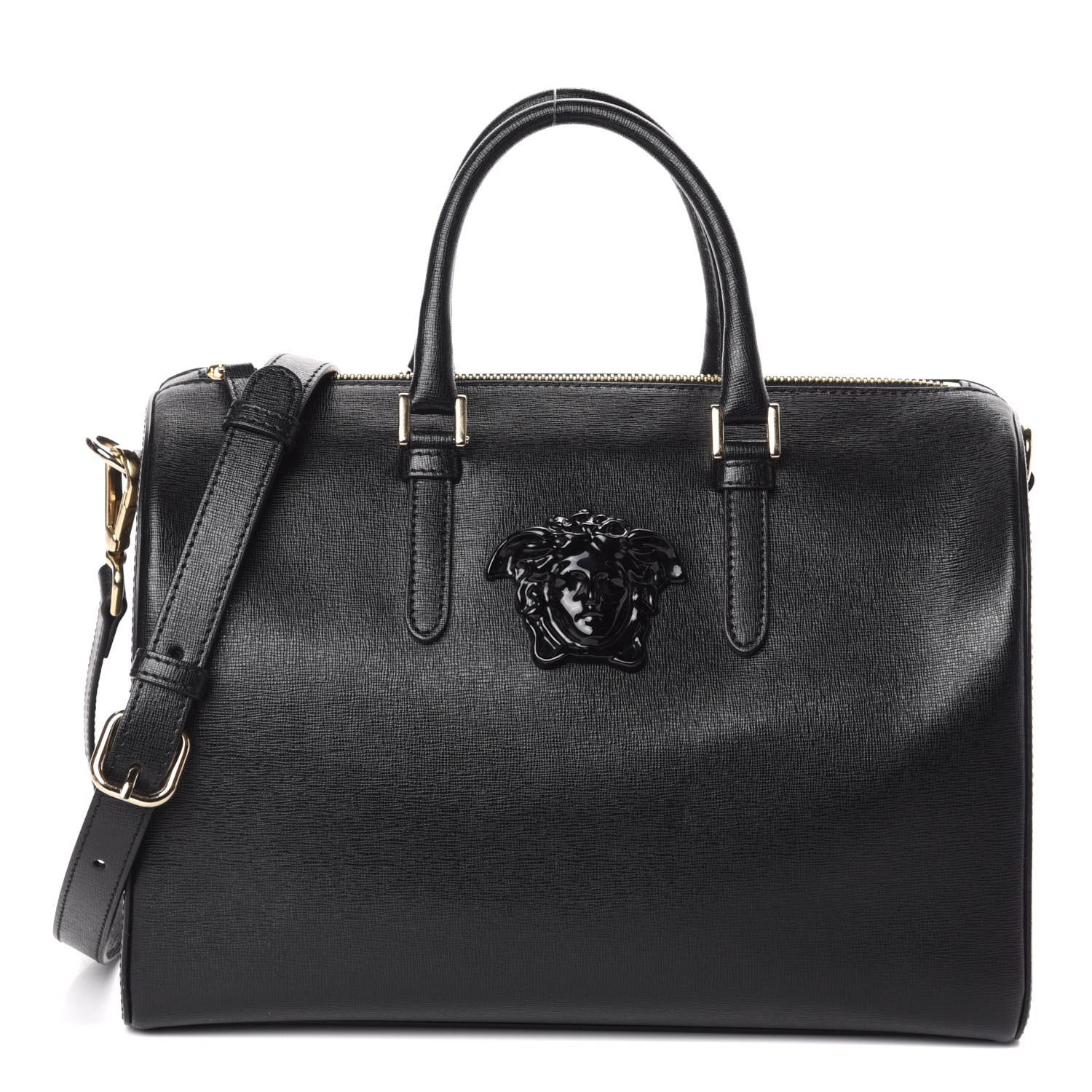 VERSACE Saffiano Calfskin Palazzo Duffle Bag Black 736920 | FASHIONPHILE