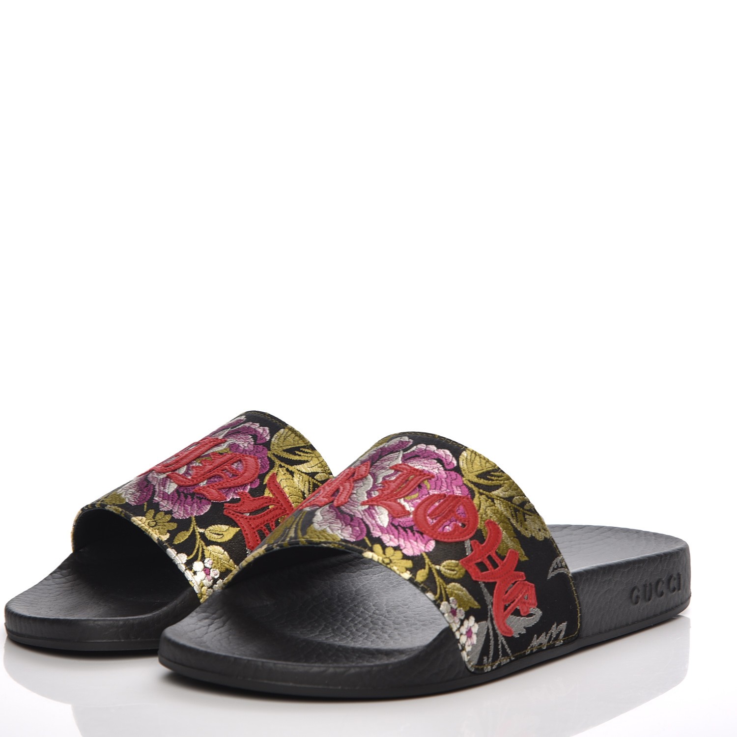 GUCCI Floral Jacquard Slide Sandals 36 Black Multicolor 211051