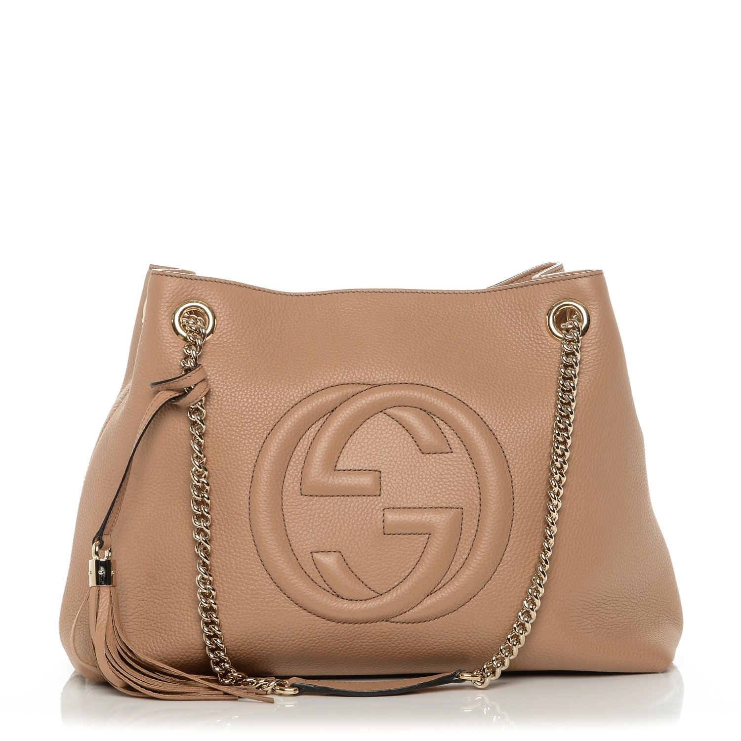 GUCCI Pebbled Calfskin Medium Soho Chain Shoulder Bag Rose Beige 189403