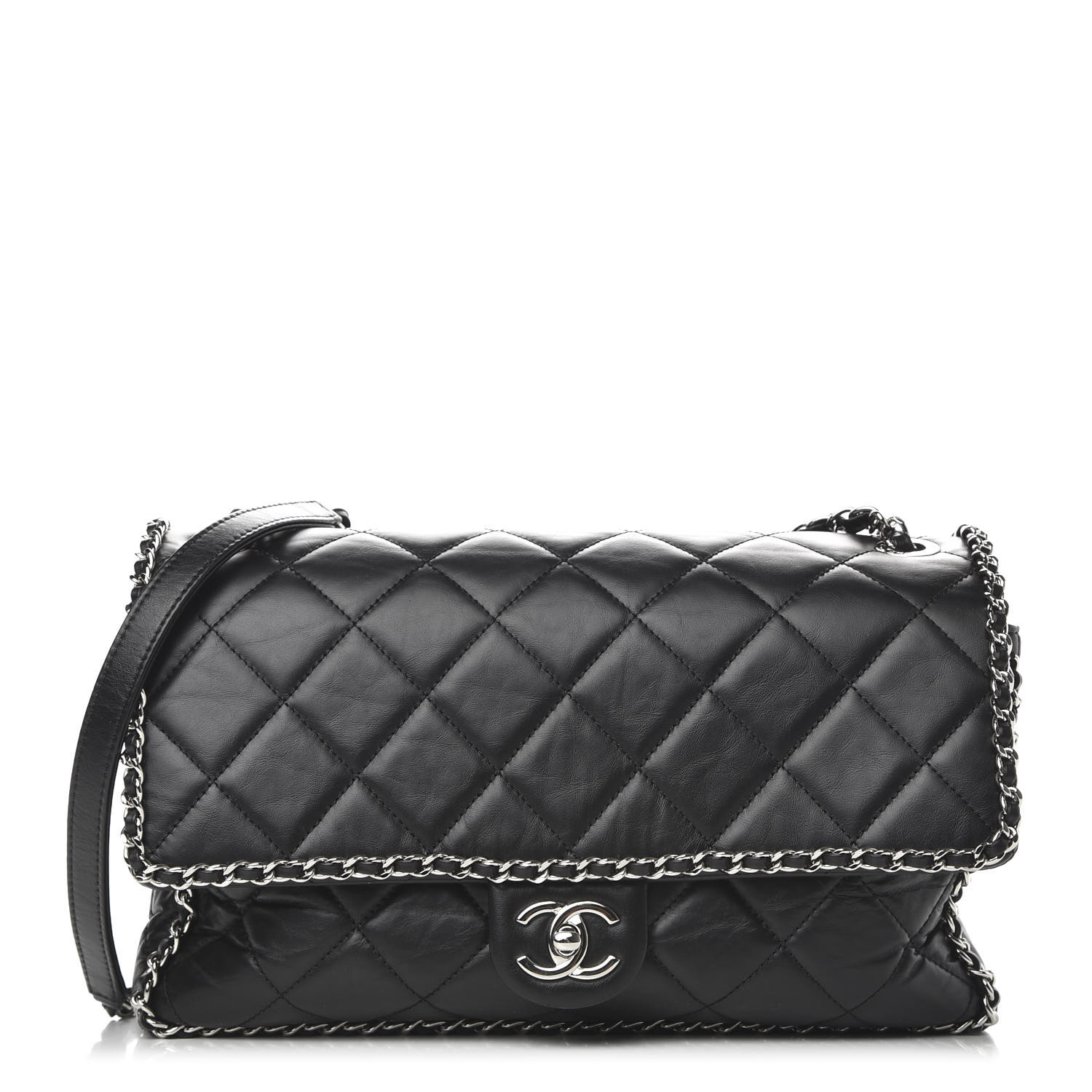 CHANEL Crumpled Calfskin Quilted Large Chain All Over Flap Bag Black