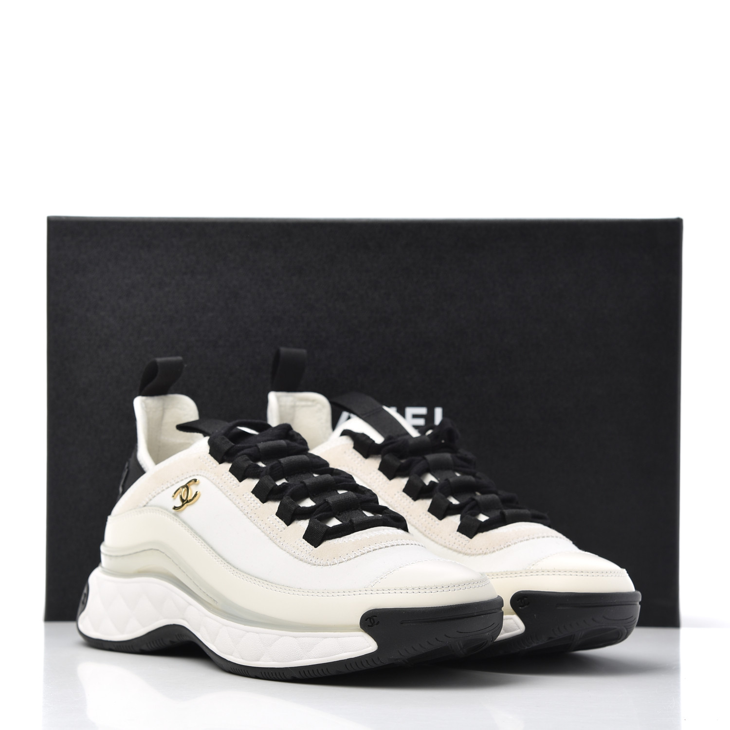 chanel cc velvet calfskin mixed fibers black gold chunky sneaker