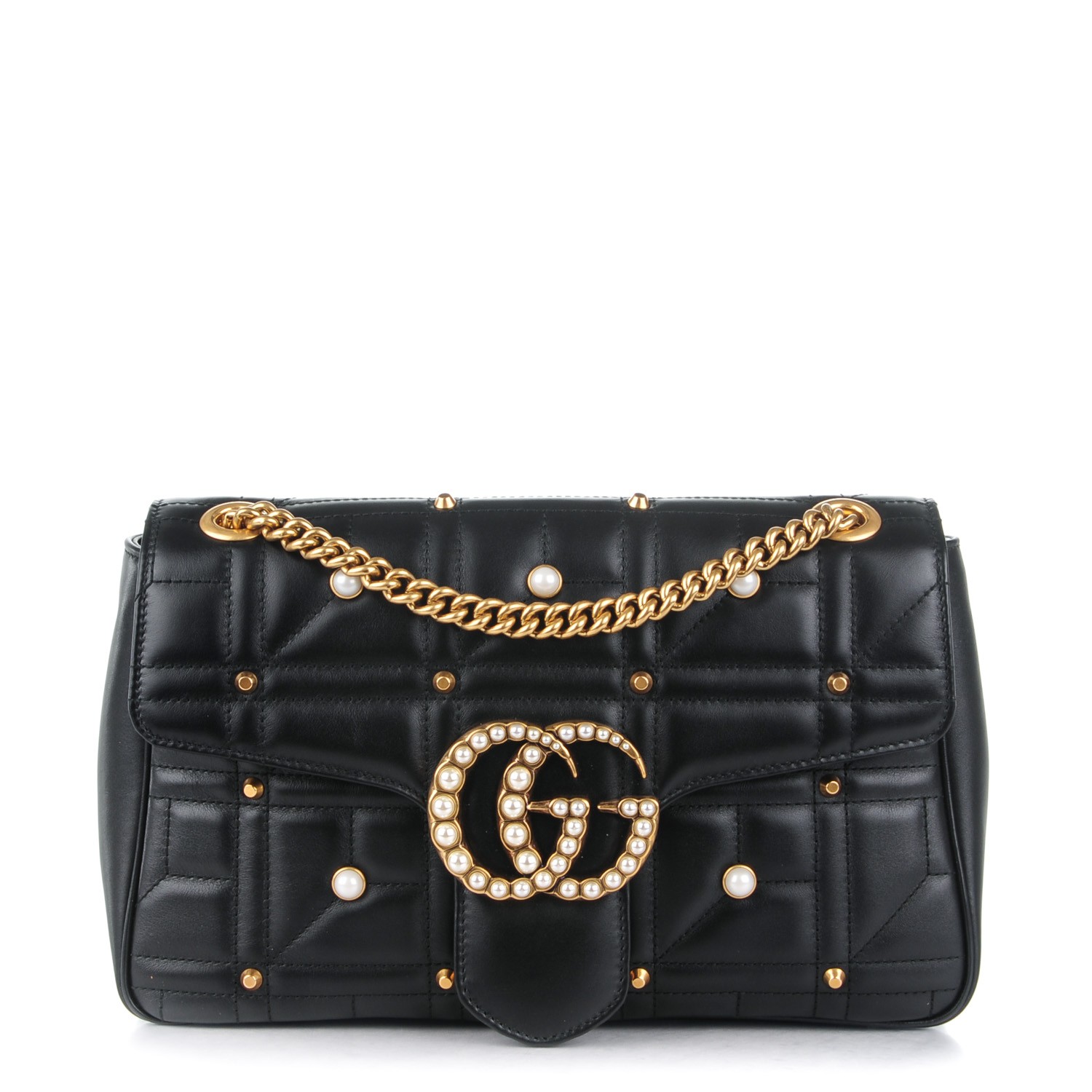 GUCCI Calfskin Matelasse Pearly Medium GG Marmont Shoulder Bag Black 167254