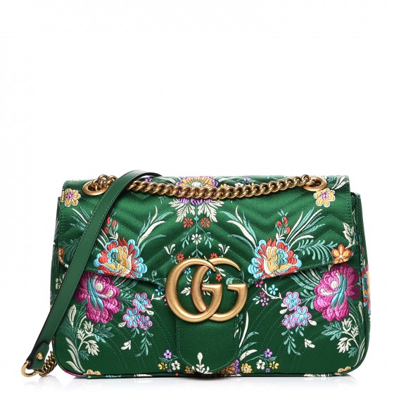 GUCCI Jacquard Matelasse Floral Medium GG Marmont Shoulder Bag Green 225109