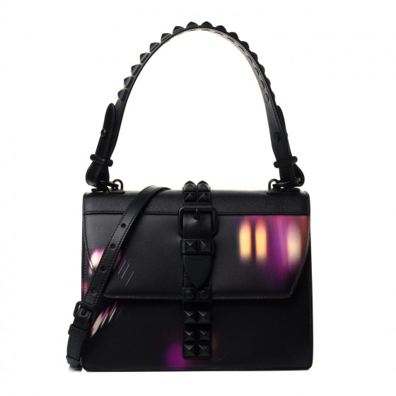 PRADA Saffiano City Lights Print Studded Elektra Shoulder Bag Black Fuxia