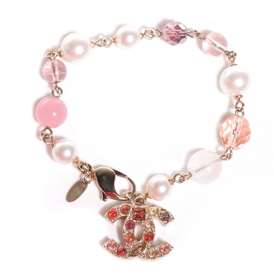 CHANEL Pearl Beaded Crystal CC Bracelet Multicolor Pink 103627