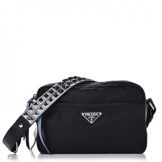 prada black nylon shoulder bag with studding