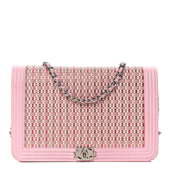 CHANEL Calfskin Crystal Studded Boy Wallet On Chain WOC Pink