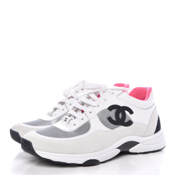 CHANEL Calfskin Fabric Sneakers 39.5 White Silver Fluo Pink 360963