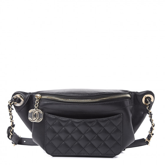 CHANEL Lambskin Bi Quilted Waist Bag Fanny Pack Black 498528