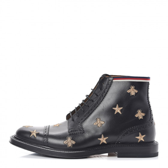 GUCCI Calfskin Embroidered Bee Star Mens Brogue Boots 7.5 Black 449658