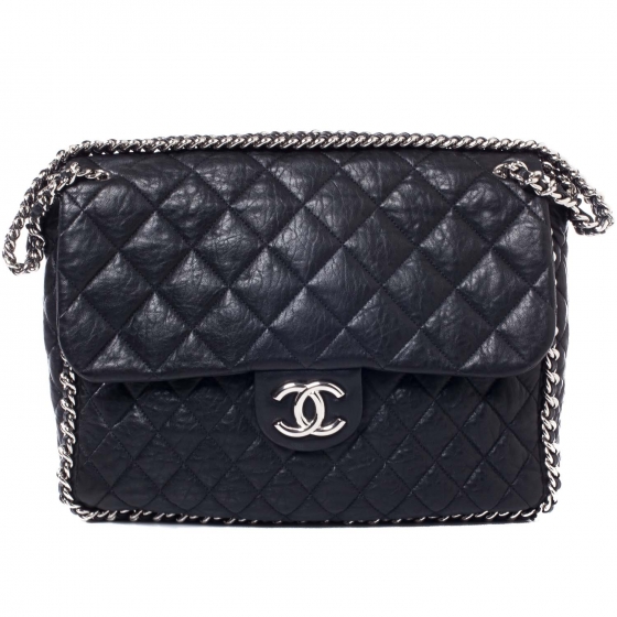 CHANEL Washed Lambskin Chain Around Maxi Flap Bag Black 37857