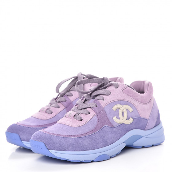 CHANEL Nylon Calfskin Suede CC Womens Sneakers 37 Purple 448154