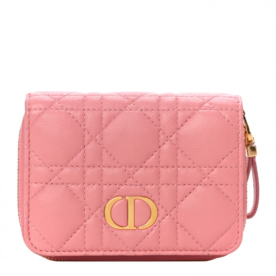 CHRISTIAN DIOR Grained Calfskin Supple Cannage Caro Compact Zipped Wallet Pink