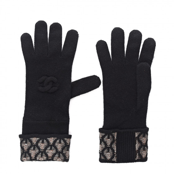 CHANEL Metallic Cashmere Gloves Black 530005