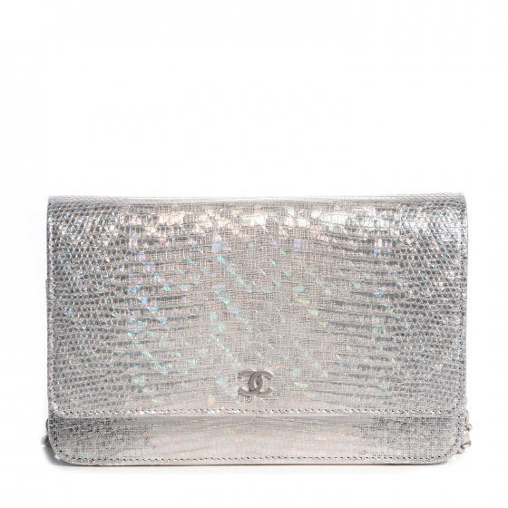 CHANEL Iridescent Lizard Embossed Wallet on Chain WOC Silver 78706