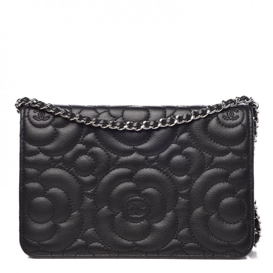 CHANEL Caviar Camellia Embossed Wallet On Chain WOC Black 338952