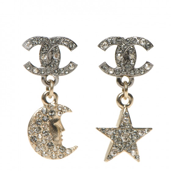 CHANEL Ruthenium Crystal CC Star Moon Earrings Grey Gold 202031