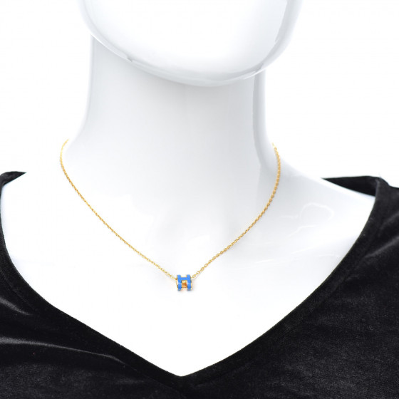 HERMES Lacquered Gold Mini Pop H Pendant Necklace Bleu Transat 754145