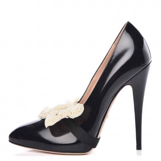 Gucci Polished Calfskin Pearl Removable Bow Elaisa Pumps 37 Black 358392 - Gucci Leather Pump With Pearl Bow Gucci Polished Calfskin Pearl Removable Bow Elaisa Pumps 37 Black 358392 - Gucci Leather Pump With Pearl Bow