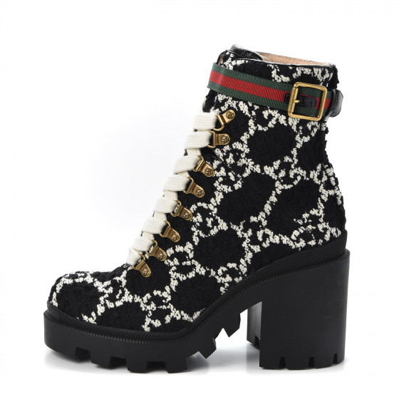 GUCCI Tweed GG Lace Up Combat Ankle Boots 37.5 Black 585003 | FASHIONPHILE
