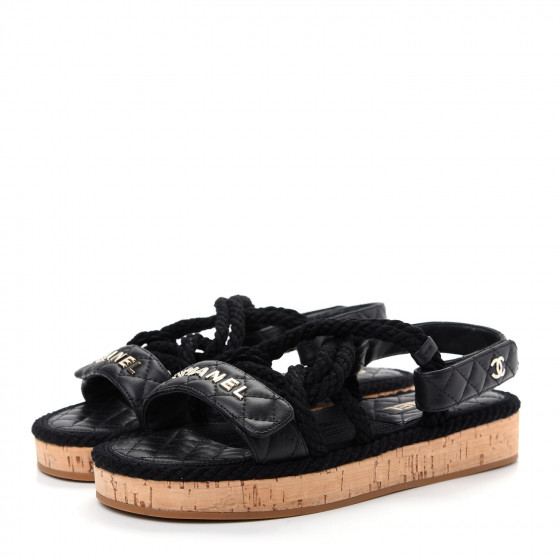chanel cord and lambskin sandals black