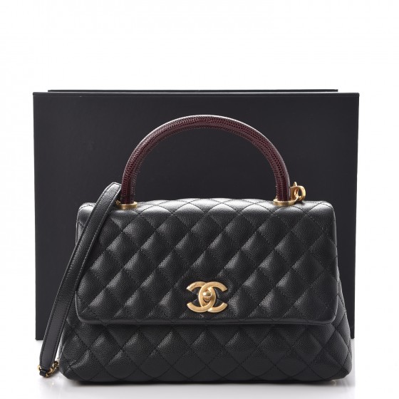 CHANEL Caviar Lizard Quilted Small Coco Handle Flap Black 253476